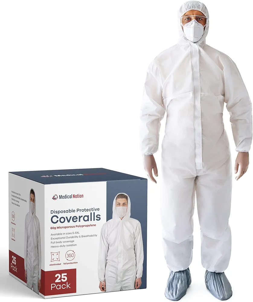 Hazmat Suits | 25 Pack, 2X-Large | Disposable Protective Coveralls, Heavy Duty Full Body Painters Suit for Men & Women with Attached Hood and Boots - Breathable & Water Resistant - 2XL