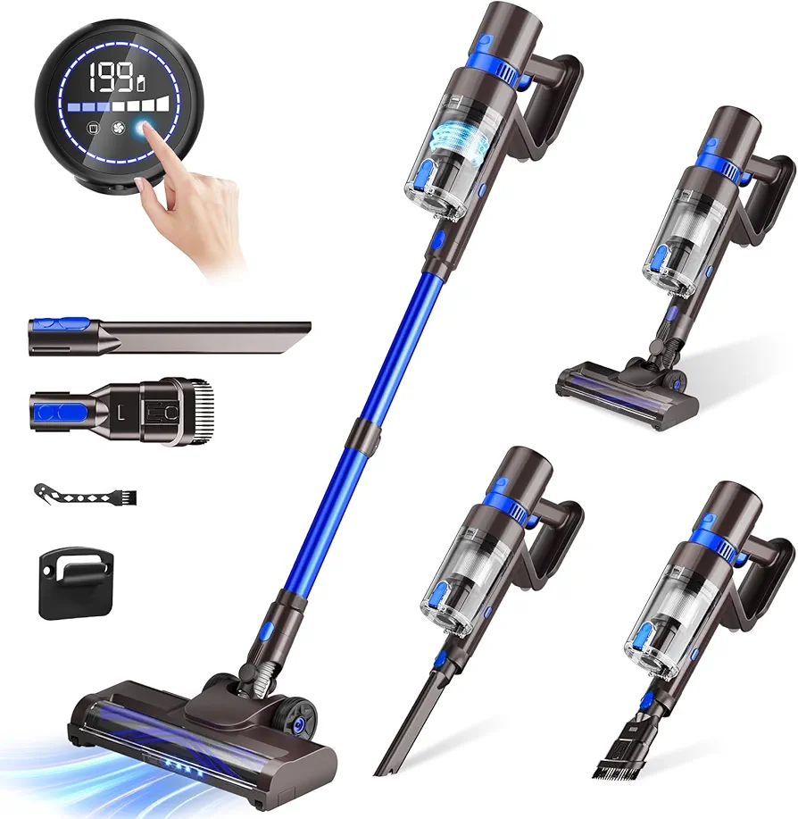 Cordless Vacuum Cleaner, 550W 45KPA 45 Mins Self-Standing Vacuum Cleaners for Home, Stick Vacuum with LED Touch Screen & Rechargeable 2500 mAh Battery, Handheld Vacuum for Pet Hair/Carpet/Floor