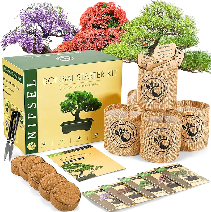 Bonsai Tree kit - Drrntr Bonsai Growing Kit - Complete Starter kit, 5 Types of Trees - Culture Medium, Plant Marker, Burlap Pots - Indoor Garden Gardening - Unique Garden Gift, Housewarming Present