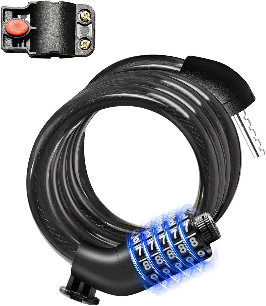 Heavy Duty Combination Bike Lock, 12mm Steel Cable, 5-Digit Resettable Code, Mounting Bracket Included, Ideal for Bicycles, Scooters, and More, Black