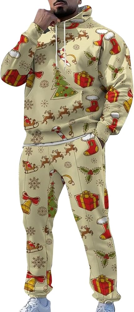 Men's Christmas Tracksuit 2 Piece Outfits Hooded Sweatshirts Xmas Holiday Pullover Hoodie Sweatsuits Jogging Suits