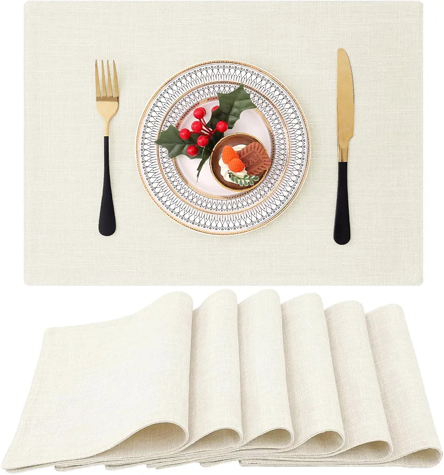 Homaxy Cloths Placemats for Dining Table Set of 6, Heat Resistant Washable Cotton Linen Blend Table Mats, Easy to Clean Place Mats for Indoor Outdoor Party Kitchen Decoration, 13" x 19", Cream