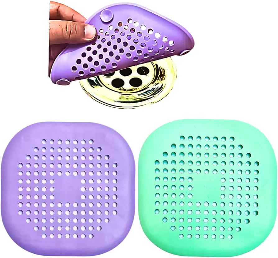 Elegaro Silicone Square Drain Hair Catcher Shower Drain Stopper with Suction Cup Anti Clogging for Shower Kitchen Bathroom Combo & Pack of 2 Mint Green, Purple, AG5801