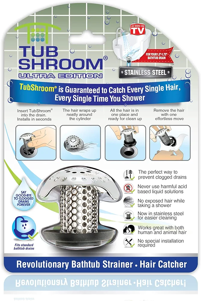 TubShroom Ultra Revolutionary Bath Tub Drain Protector Hair Catcher/Strainer/Snare Stainless Steel, 1-Pack, Silver