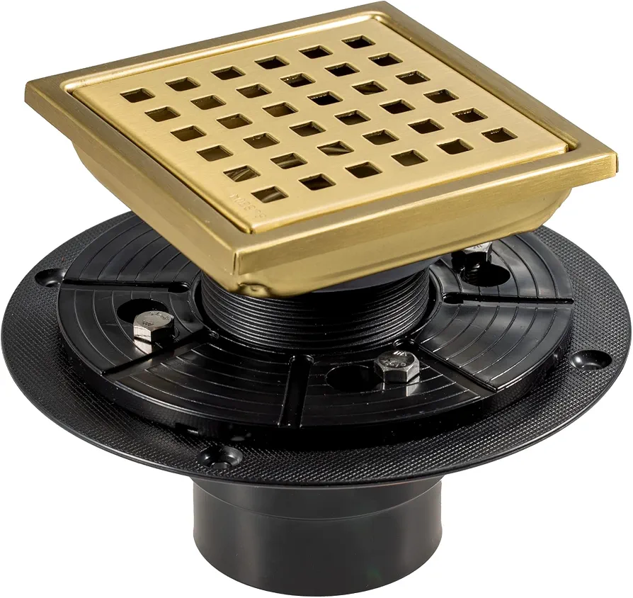 6 Inch Square Shower Floor Drain, Stainless Steel Flange with Removable Grid Cover Hair Strainer, Golden Brushed Nickel