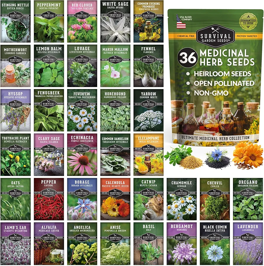 Ultimate Medicinal Herbs Collection - 36 Variety Pack of Herb Seeds for Growing Essential Healing Plants - Mixed Assortment for Homesteaders - Non-GMO Heirloom Varieties - Survival Garden Seeds