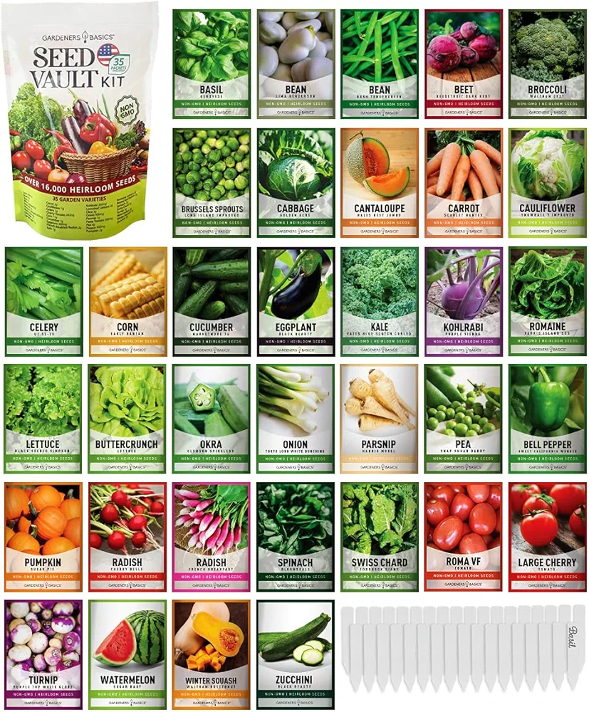 Survival Vegetable Seeds Garden Kit Over 16,000 Seeds Non-GMO and Heirloom, Great for Emergency Bugout Survival Gear 35 Varieties Seeds for Planting Vegetables 35 Free Plant Markers Gardeners Basics