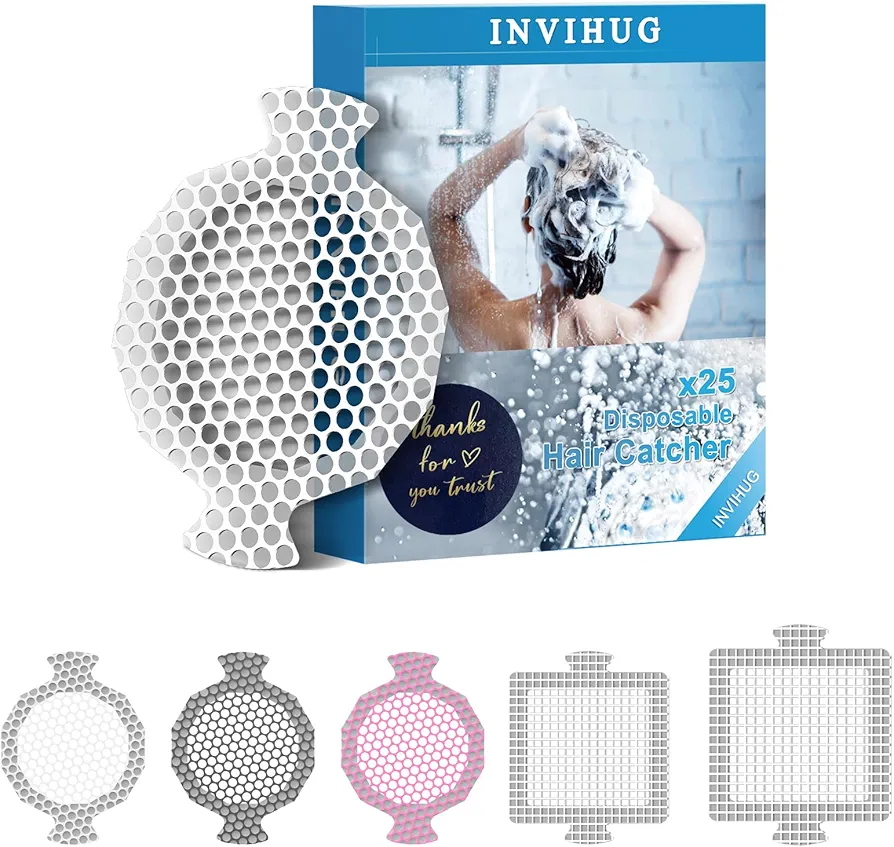 INVIHUG, 25 Pack, Disposable Shower Drain Hair Catcher Mesh Stickers, Disposable Hair Drain Catcher. (White)