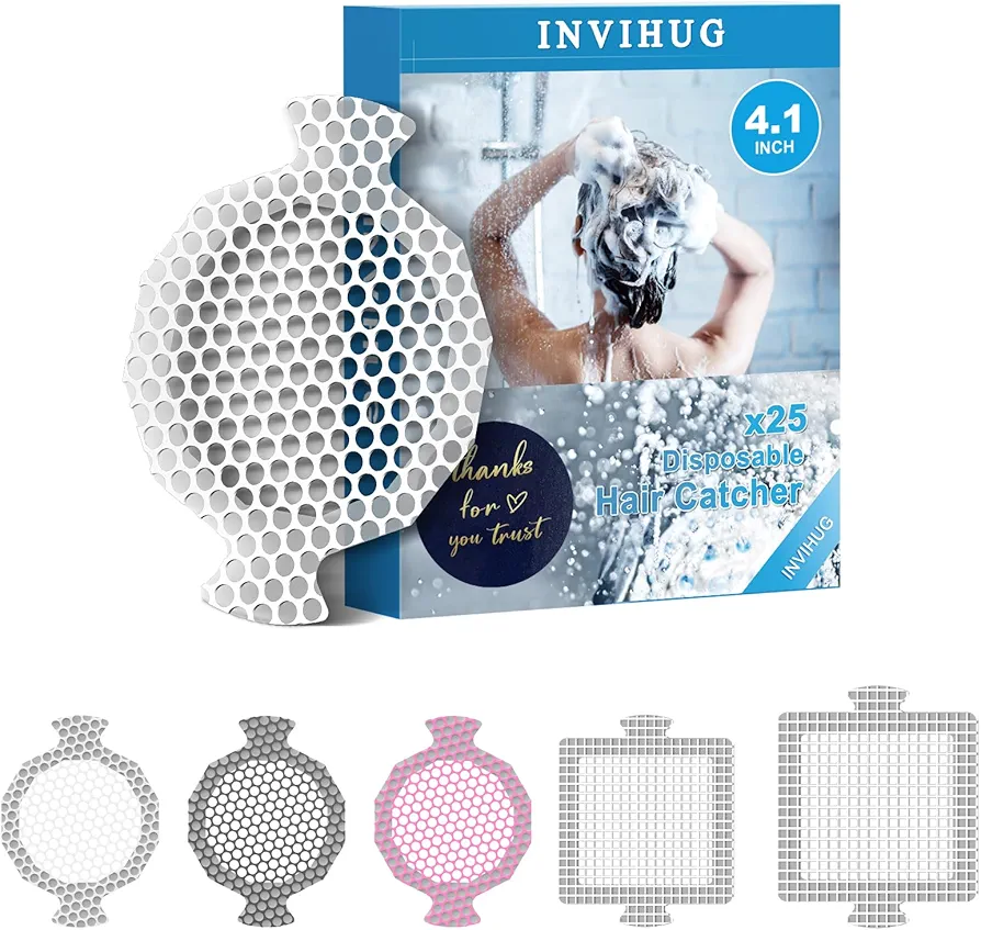 INVIHUG, 25 Pack, Disposable Shower Drain Hair Catcher Mesh Stickers, Disposable Hair Drain Catcher.(White,4.1inch)