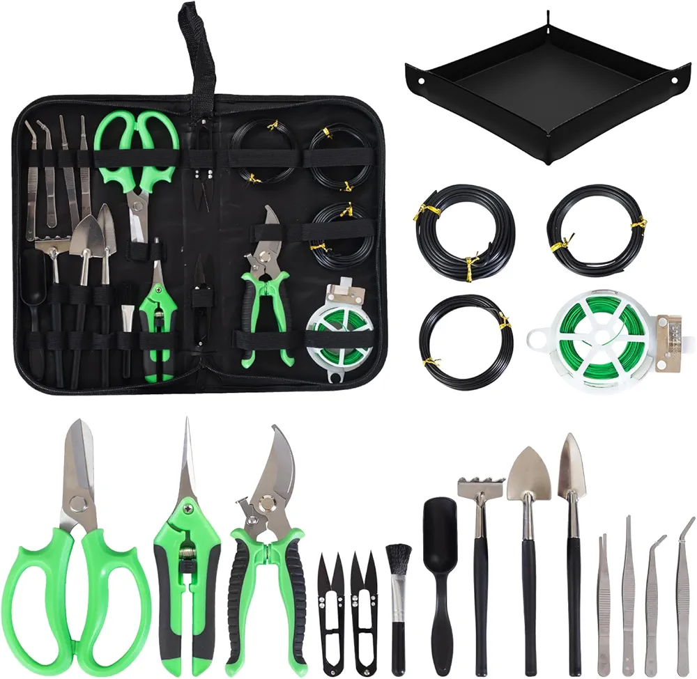 Bonsai Tools Kit 20 Pcs Garden Tools Set for Beginner, Includes Bonsai Wire Kit, Plant Mat, Pruning Shears, Bonsai Scissors, Succulent Tools in Leather Storage Bag, Gardening Gift for Women Men