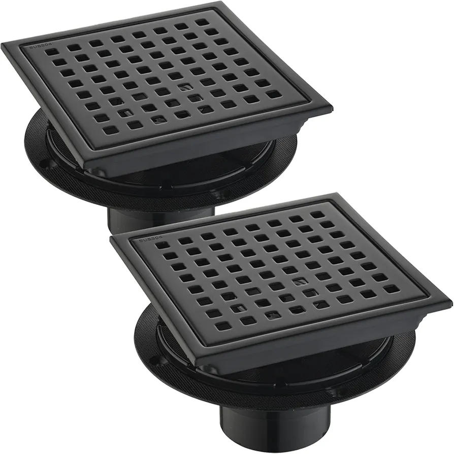 6 Inch Set of 2 Square Shower Drain with Removable ， Square Grille, 304 Stainless Steel，Includes Shower Drain Base Hair Filter, Black, for Bathroom, Kitchen, Balcony