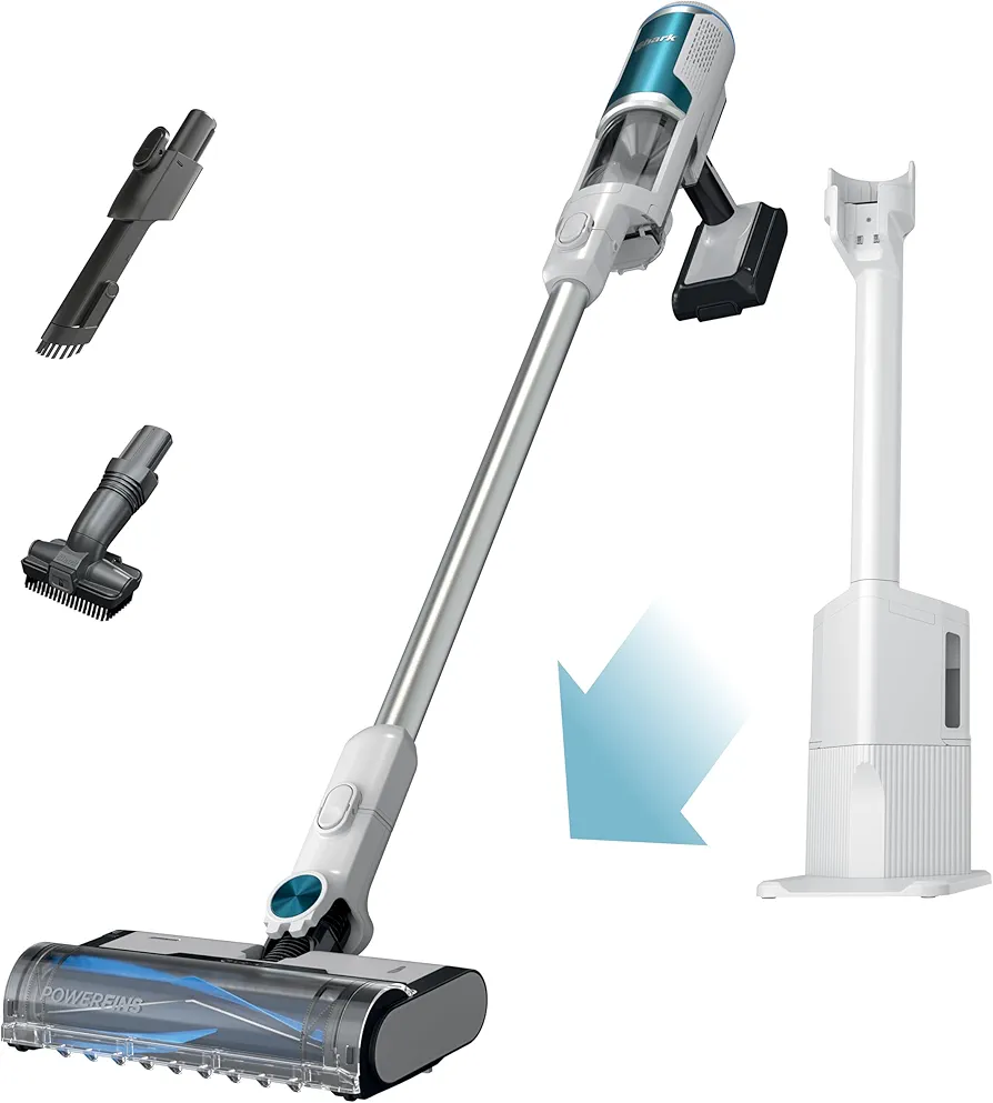 Shark Clean & Empty – Lightweight Cordless Vacuum Cleaner with HEPA Filter, Powerful Suction, Portable, Rechargeable, Auto-Empty System, Stick Vacuum for Pet Hair, Carpets & Hardfloor, White BU3521