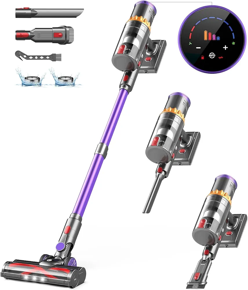 Cordless Vacuum Cleaner, 550W/45Kpa Stick Vacuum with Smart Display, MAX 65Mins Runtime Vacuum Cleaners for Home, Auto Mode & Anti-Tangle Lightweight Vacuum, Vacuum for Pet Hair/Carpet/Floor