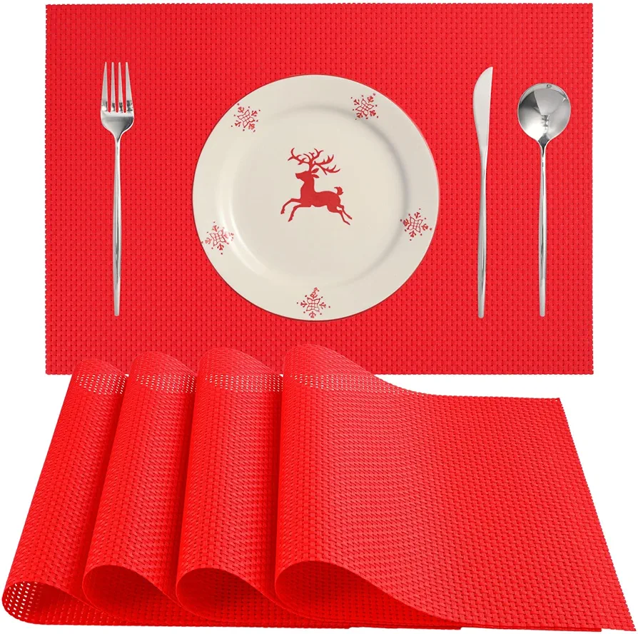 Zupro Placemats Set of 4 for Kitchen Dining Table Washable Braided Table Mats Heat-Resistant Placemats Non-Slip Woven PVC Vinyl Place Mats for Everyday use or Holidays Dinner BBQs 18"x12"(Red