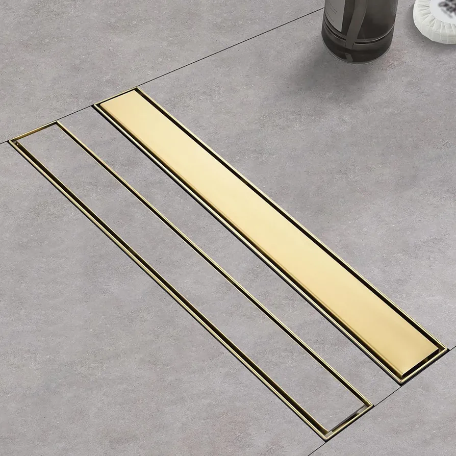 Linear Shower Drain ，with Tile Insert Panels ，24 Inch Brushed Gold 304 Stainless Steel Rectangle Shower Floor Drain，with Hair Catcher, Adjustable Feet