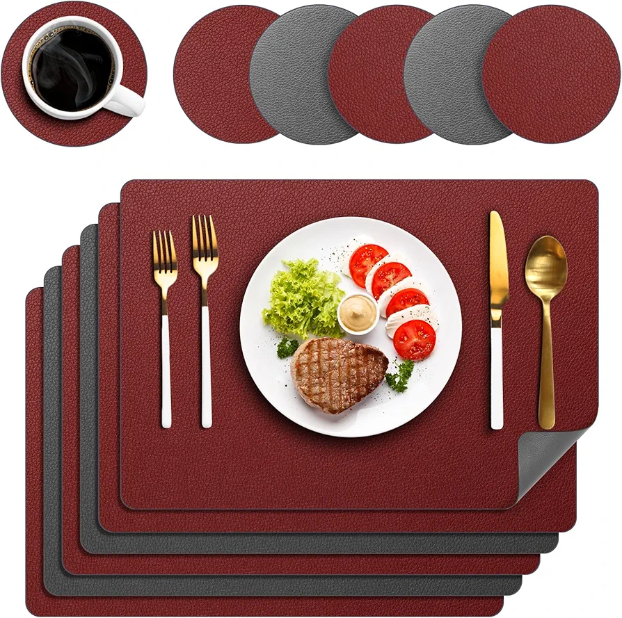 Faux Leather Placemats Set of 6, Two-Sided placemat with Coaster Heat Resistant Placemats for Dining Table Waterproof Wipeable Washable Table Mats (Red/Gray)