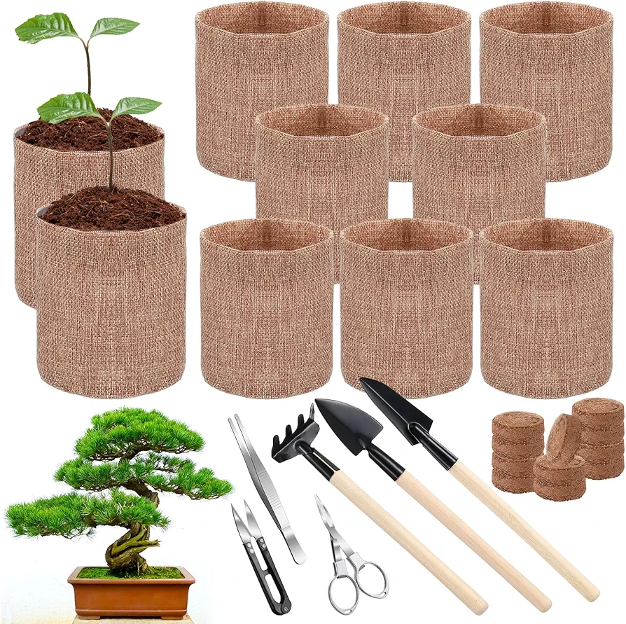 Lasnten 10 Pack Bonsai Tree Kit Bonsai Tools Set Include 10 Burlap Growing Pots, 10 Nutritional Soil Discs and Growing Bonsai Tools Christmas Gifts Gardening Gift for Women and Men, no Seeds