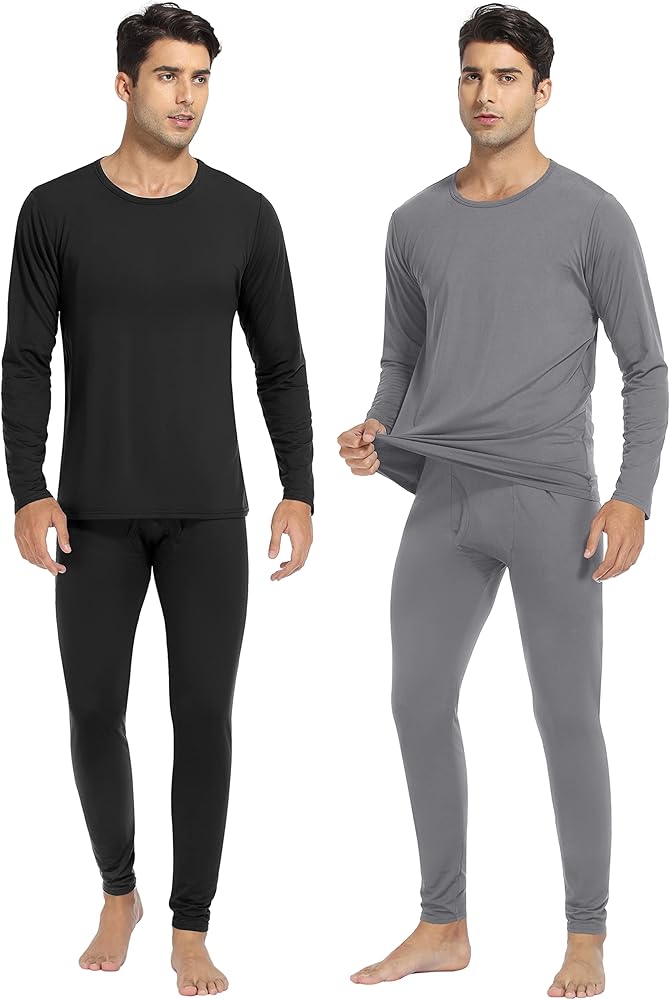 URATOT 2 Sets Men's Thermal Underwear Set Fleece Lined Thermal Underwear Soft Long Johns Top Bottom Set for Men Cold Winter