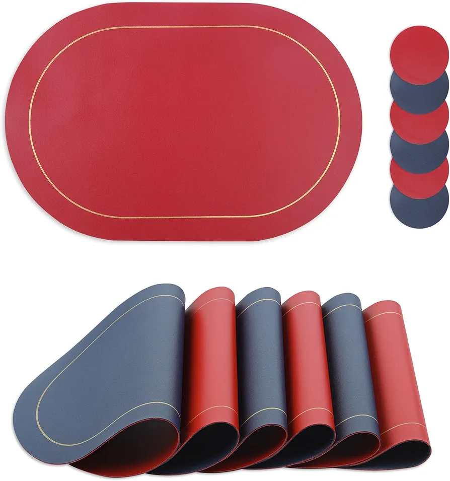 fanquare Faux Leather Oval Placemats and Coasters Set of 12 Heat Resistant Placemats Waterproof Double-Sided Color Dining Table Mats Dark Blue and Red