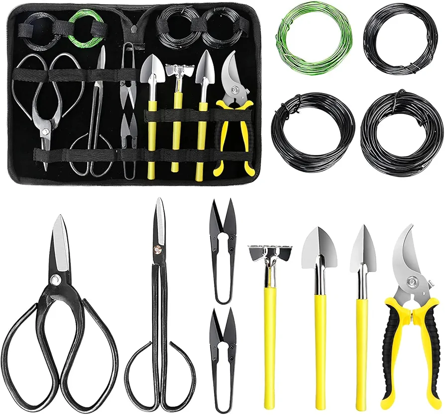 MOSFiATA Bonsai Tools Set 13 Pcs High Carbon Steel Succulent Gardening Trimming Tools Set Include Pruning Shears, Scissors, Mini Rake, Round and Pointed Shovel &Training Wire in PU Leather Bag