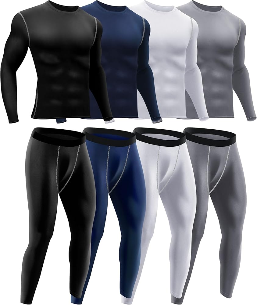 Hicarer 4 Set Men's Athletic Compression Set Winter Thermal Underwear Top Bottom Workout Set Base Layer for Gym Sports