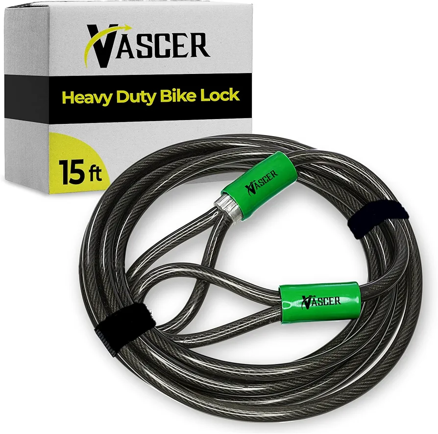 Bike Cable Lock - 15 Feet (3/8") Security Cable w/Loops -Heavy-Duty Cut-Resistant Braided Steel w/Vinyl Coating -Locking Accessories for Bicycle, Boat, Ladder, Gate, Mower & Equipment