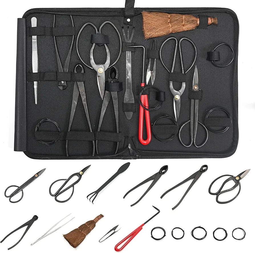 15-Piece Bonsai Tree Kit, Bonsai Tool Set, Bonsai Starter Kit, Carbon Steel Scissors, Cutter Shears, Rake with Spatula, Perfect Gardening Trimming Pruning Tools