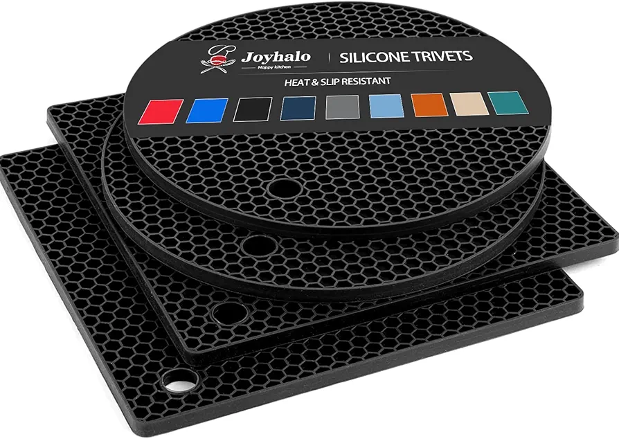 Joyhalo Trivets for Hot Dishes - Hot Pads for Kitchen, Silicone Pot Holders for Hot Pots and Pans, Silicone Mats for Kitchen Countertops, Table, Flexible Easy to Wash and Dry, Black