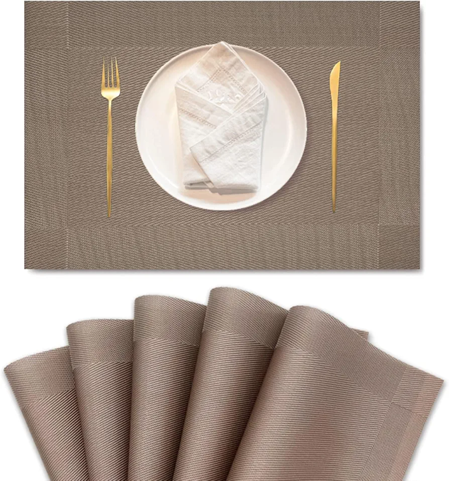 Table Placemats Set of 6 - PVC Heat-Resistant Placemats Washable Kitchen Table Mats Double Sided Placemats Easy to Clean Suitable for Dining Table Kitchen Restaurant (Golden Brown)