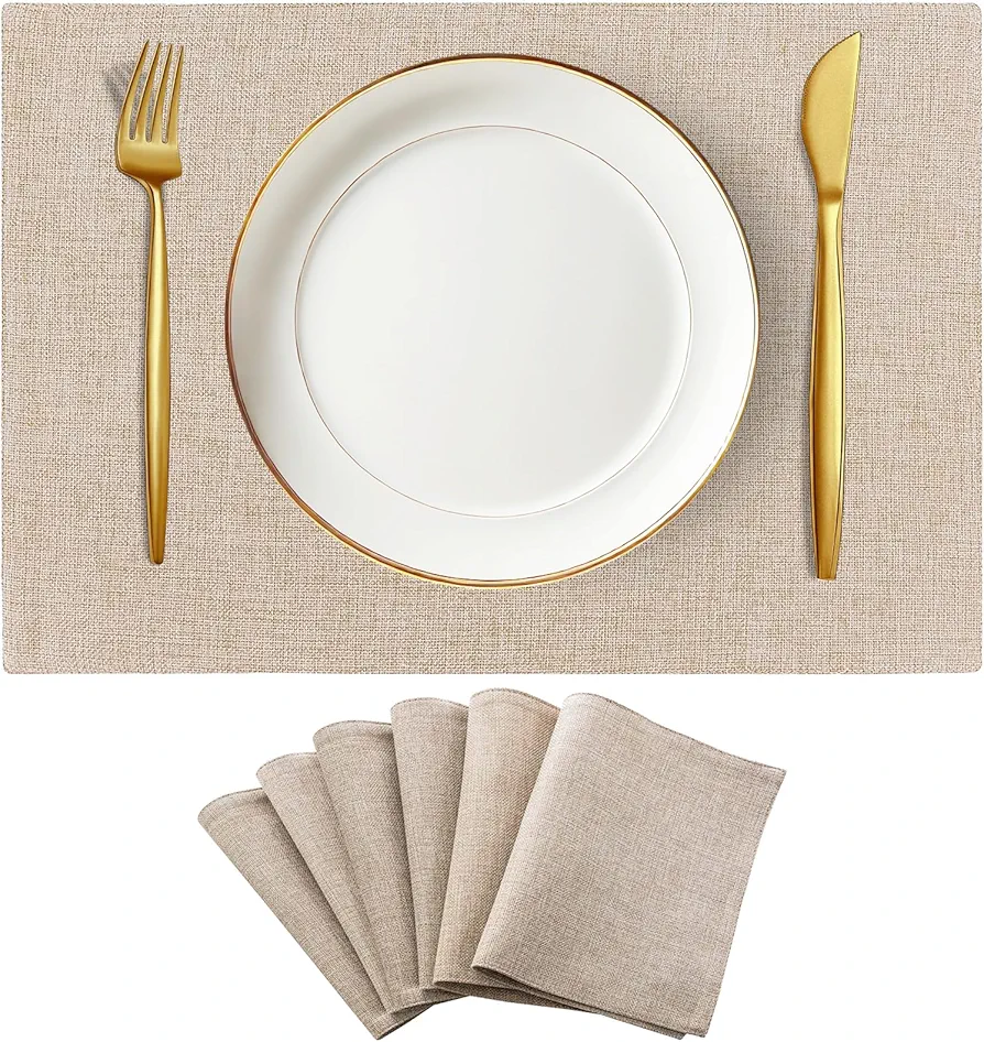 Linen Placemats Set of 6 Cloth Placemats Washable Heat Resistant Placemats Dining Table Mats Kitchen Table Plate Mats Dinner Mats Indoor Outdoor 13" x 19", Light Linen