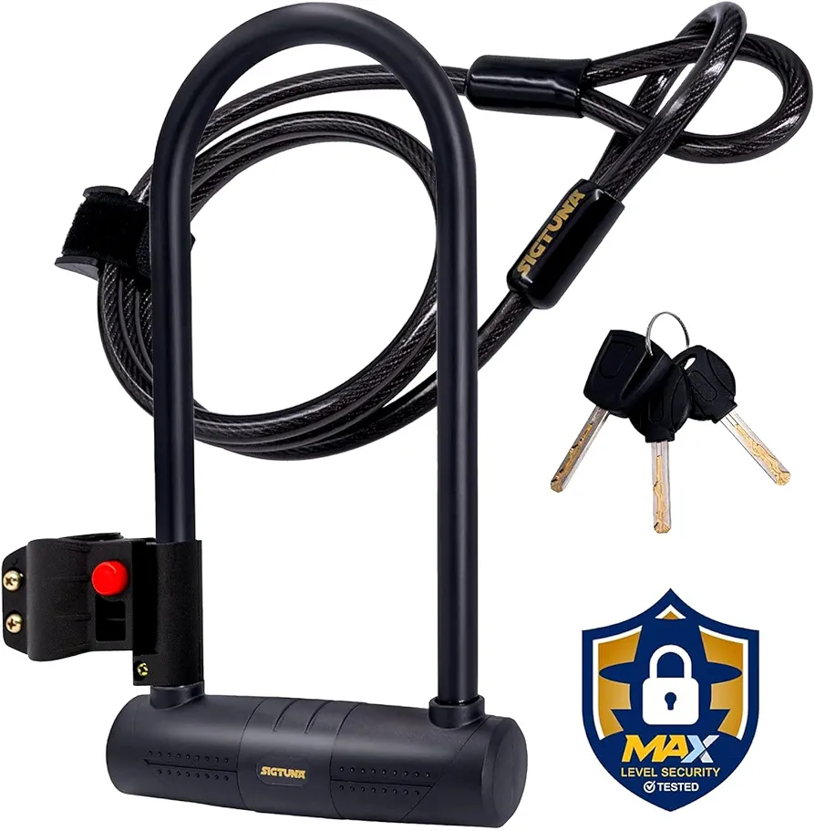 Sigtuna Bike U Lock, Extra Long Bike Locks Heavy Duty Anti Theft, 16mm Bicycle Lock with Shackle and Mounting Holder and 4ft Cable