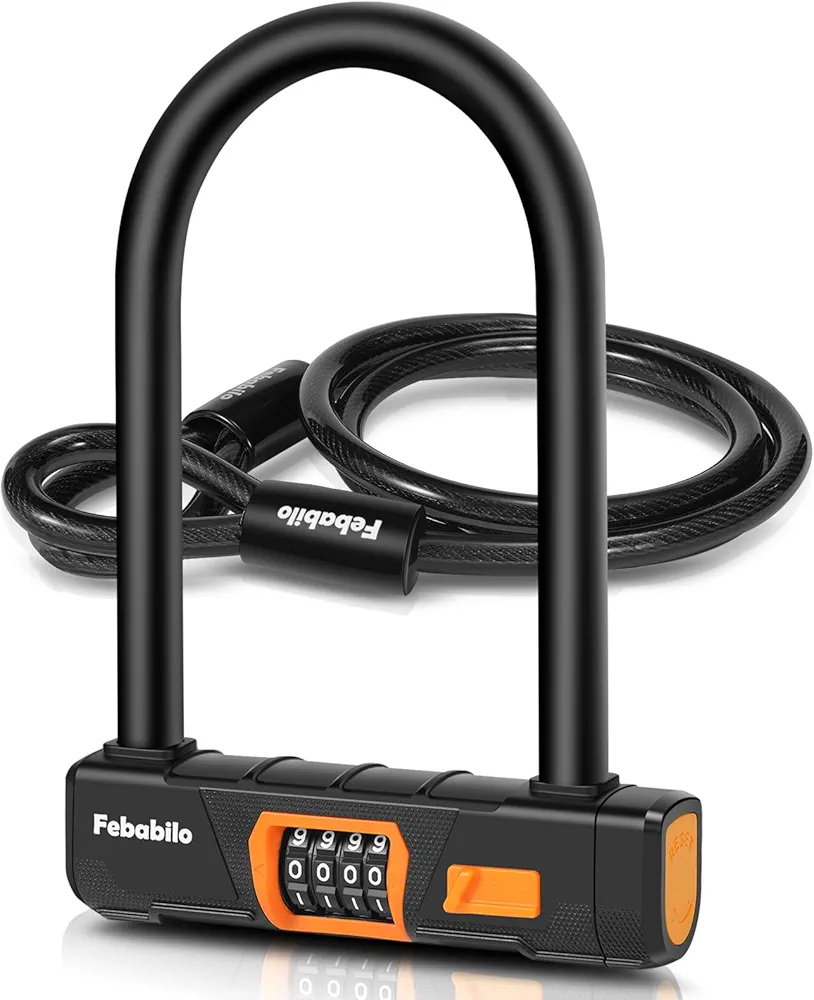 Bike Locks Heavy Duty Anti Theft, Combo Bike U Lock, 4-Digit Resettable Combination E-Bike Large U Shaped Lock with 5Ft Steel Cable for Electric Bike, Bicycle, Escooter, Motorcycle,Door