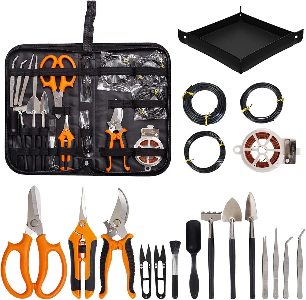 Bonsai Tools Kit 20 Pcs Garden Tools Set for Beginner, Includes Bonsai Wire Kit, Plant Mat, Pruning Shears, Bonsai Scissors, Succulent Tools in Leather Storage Bag, Gardening Gift for Women Men