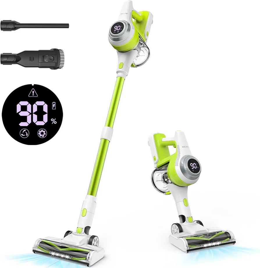 Belife Cordless Vacuum Cleaner for Home, Lightweight Stick Vacuum with Self-Standing, Rechargeable Wireless Vacuum with LED Screen & Anti-Tangle for Hardwood Floor, Pet Hair, Carpet (Green)