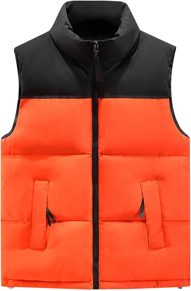 Mens Fashion Puffer Vest Soft Solid Color Zip Up Sleeveless Jacket Coat Outdoor Stand Collar with Pockets Vest