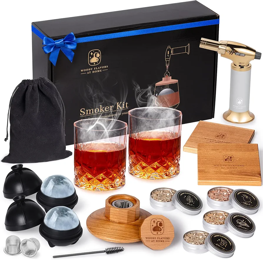 Old Fashioned Cocktail Smoker Kit for Whiskey, Bourbon, and Drinks with Cherry Smoker, Natural Wood Chip Flavors, Culinary Torch, Ice Cube Spheres, 2 Coasters, 2 Glasses