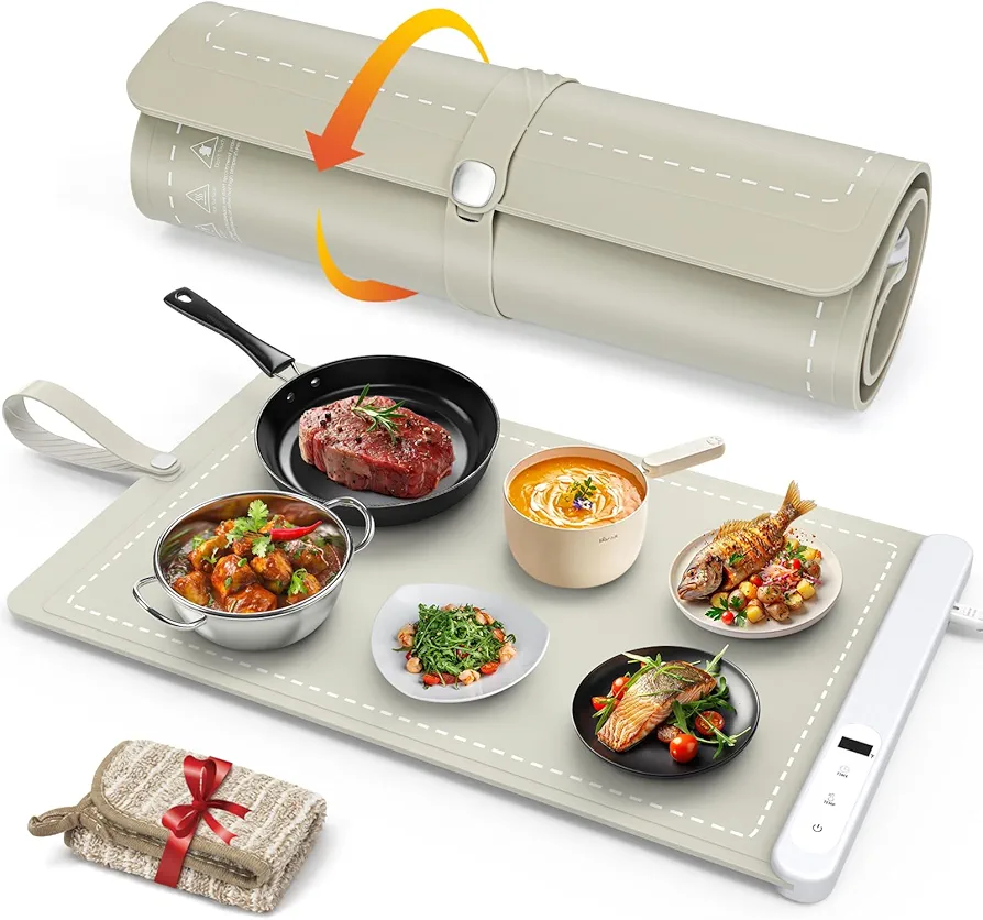 FYY Food Warming Mat - Electric Warming Tray with 6 Temperature Settings and 6 Hours Timer, Full Surface Graphene Heating Food Warmer, Premium Rollable Heating Tray for Gatherings, Parties, Khaki