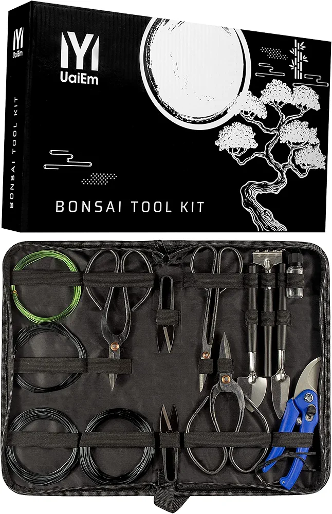 UaiEm Bonsai Tools Set | 13-piece DIY Bonsai Tree Kit with Mini Pruning Shears Concave Cutter, Bonsai Scissors, Bonsai Training Wire, Storage Bag | Carbon Steel Garden Trimming Tools | Bonsai Tool Kit