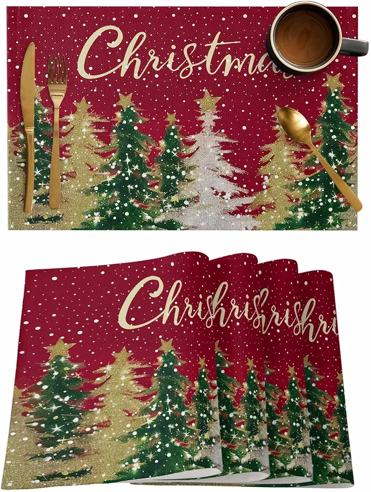 Merry Christmas Placemats Set of 6,Cotton Linen Heat Resistant Table Mats Washable Winter Falling Snow Placemat for Holiday Banquet Xmas Tree Dark Red Kitchen Table Decor