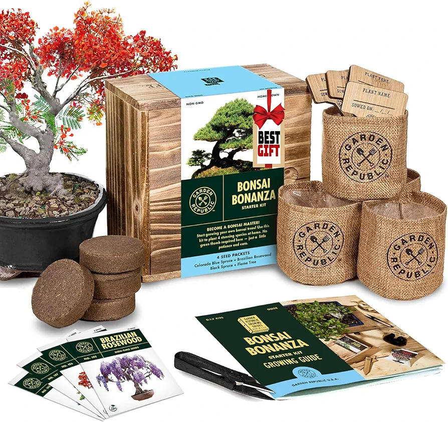 Bonsai Tree Seed Starter Kit - Mini Bonsai Plant Growing Kit, 4 Types of Seeds, Potting Soil, Jute Bags, Pruning Shears Scissor Tool, Plant Markers, Wood Gift Box, Day Gardening Gifts for Women