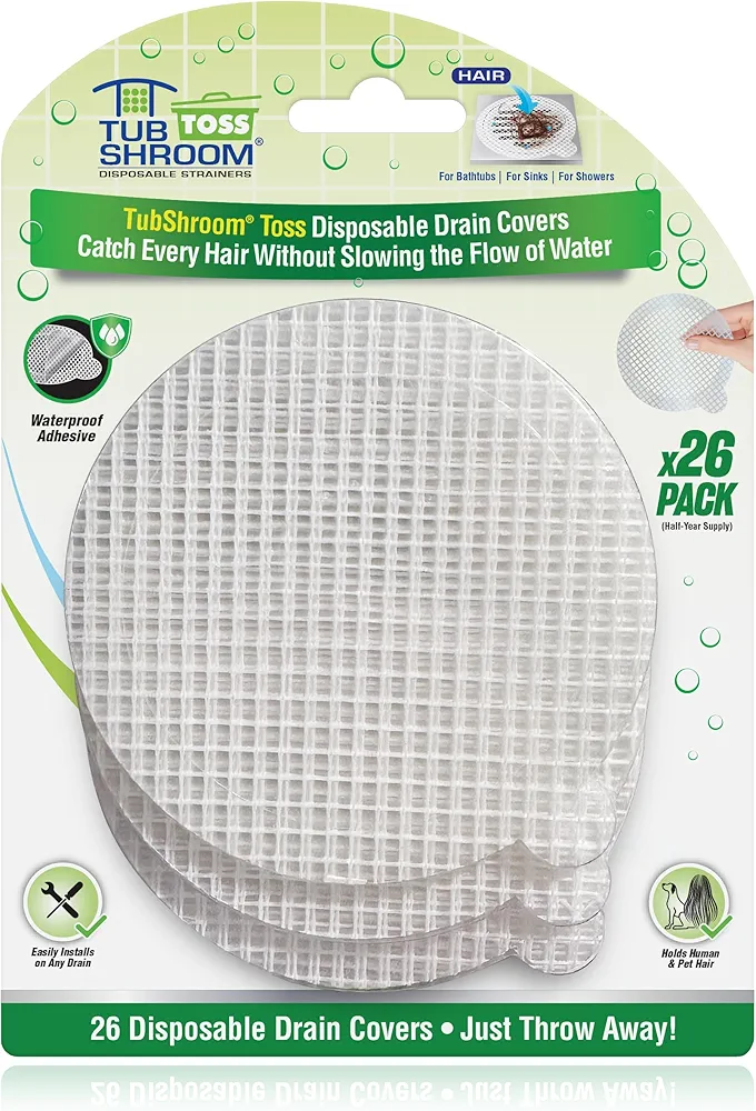 TubShroom Toss 26pk Disposable Drain Covers - Hair Catcher Mesh Sticker Strainers for Shower Bathtub and Bathroom Sink Drains to Prevent Clogged Drains, Half Year Supply