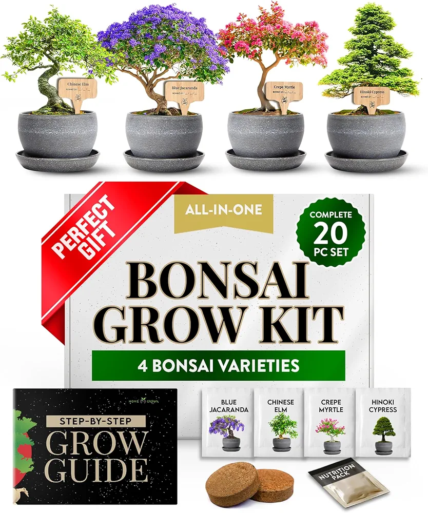 HOME GROWN Bonsai Tree Kit – Easy to Grow 4 Species of Bonsai w/Our Complete Plant Kit: Bonsai Pots & Peat Pellets Including a Bonus in-Depth Grow Guide | Great Gardening Gifts for Women and Men