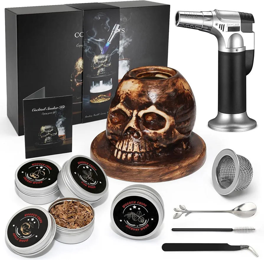 Cocktail Smoker Kit with Torch & 4 Flavors Wood Smoker Chips, iTayga Ceramics Whiskey Smoker Kit for Cocktails, Whiskey, Drinks, Bourbon - Unique Gifts for Men/Father/Husband/Friends(No Butane)