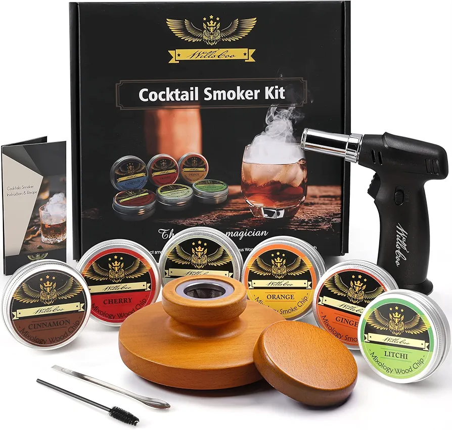 Cocktail Smoker Kit Gift Set for Whiskey & Bourbon, Old Fashioned Cocktails Whiskey Set with Torch, Six Types of Wood Chips & Herbs