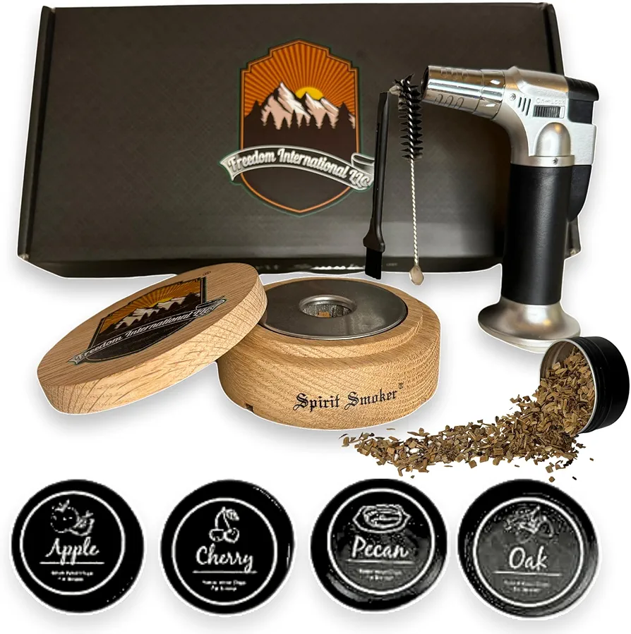 Whiskey Smoker Kit, Drink Smoker, Cocktail Smoking Kit, Smoked Whiskey Kit with Torch, Double Filter, Four Kinds of Wood Chips. No Butane.