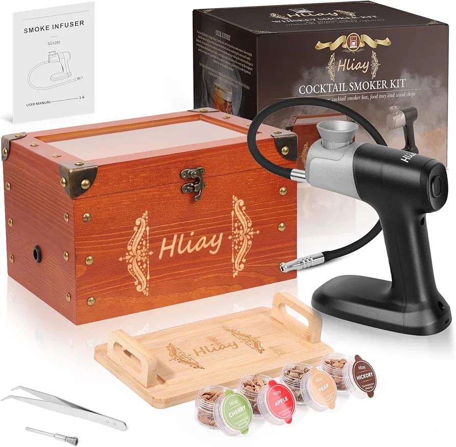 Smoking Box for Cocktails with Integrated Aluminium Smoking Gun(Stand without Assembly), Bourbon Whiskey Smoker Kit Include Tray&Wood Chips, Old Fashioned Cocktail Smoker Kit, Gift for Men