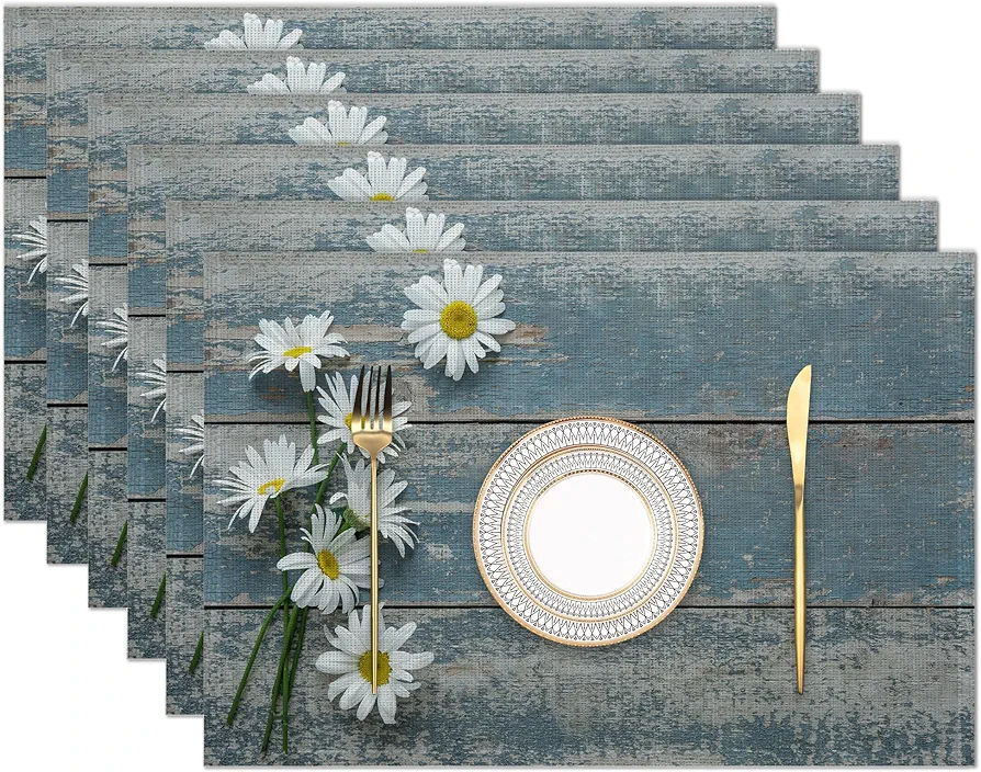 Placemats Set of 6,Daisy Flowers on Wooden Linen Place Mats,Modern Washable Table Placemats 12"x18" Heat Resistant Table Mats for Dining Kitchen Party Holiday Decoration