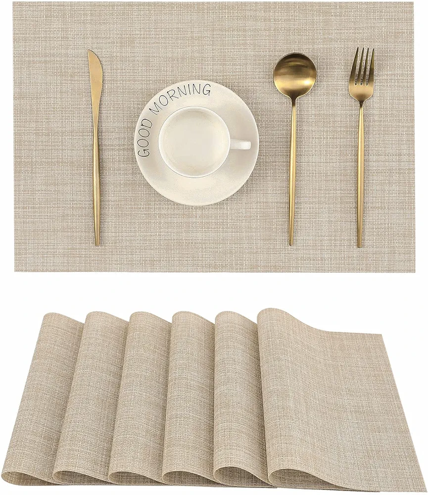 Leetaltree Beige Placemats Set of 6 - Heat Resistant Non-Slip Place mats for Dining Table, Washable Durable PVC Vinyl Woven Table Mats（Beige, 6）