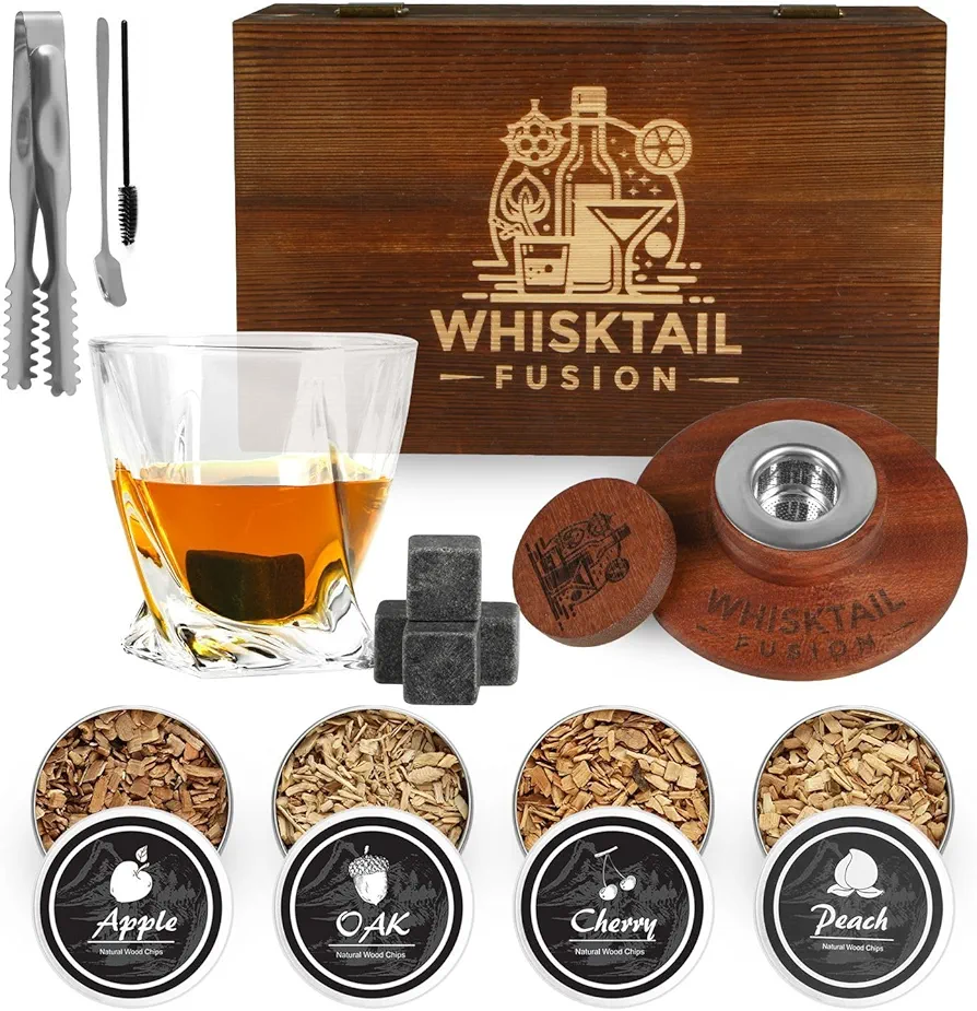 Cocktail Smoker Kit with 6 Whiskey Stones, 4 Wood Chips, Whiskey Glass, Pine Wood Box - Old Fashioned Smoker Kit for Home Bars & Outdoor - Enhance Flavors with Natural Smoky Aroma