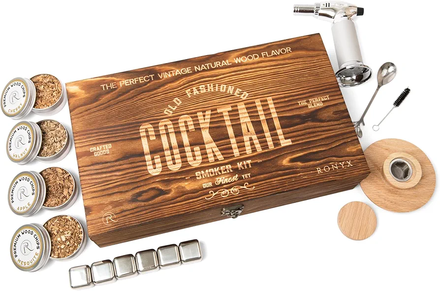 RONYX Cocktail Smoker Kit with Torch –13pcs Cocktail Smoker Set - Old Fashioned Smoker Kit for Men – 4 Flavors Wood Chips – Innovative Cocktail Smoker Set for Drinks, Bourbon –Without Butane